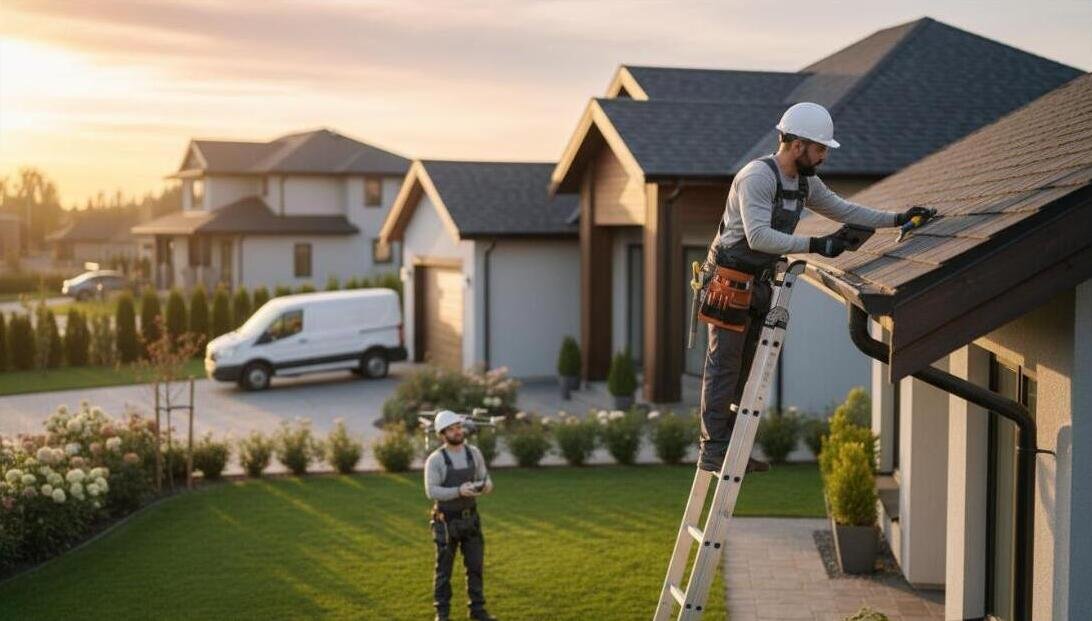 EverSafe crew inspecting a roof at sunset